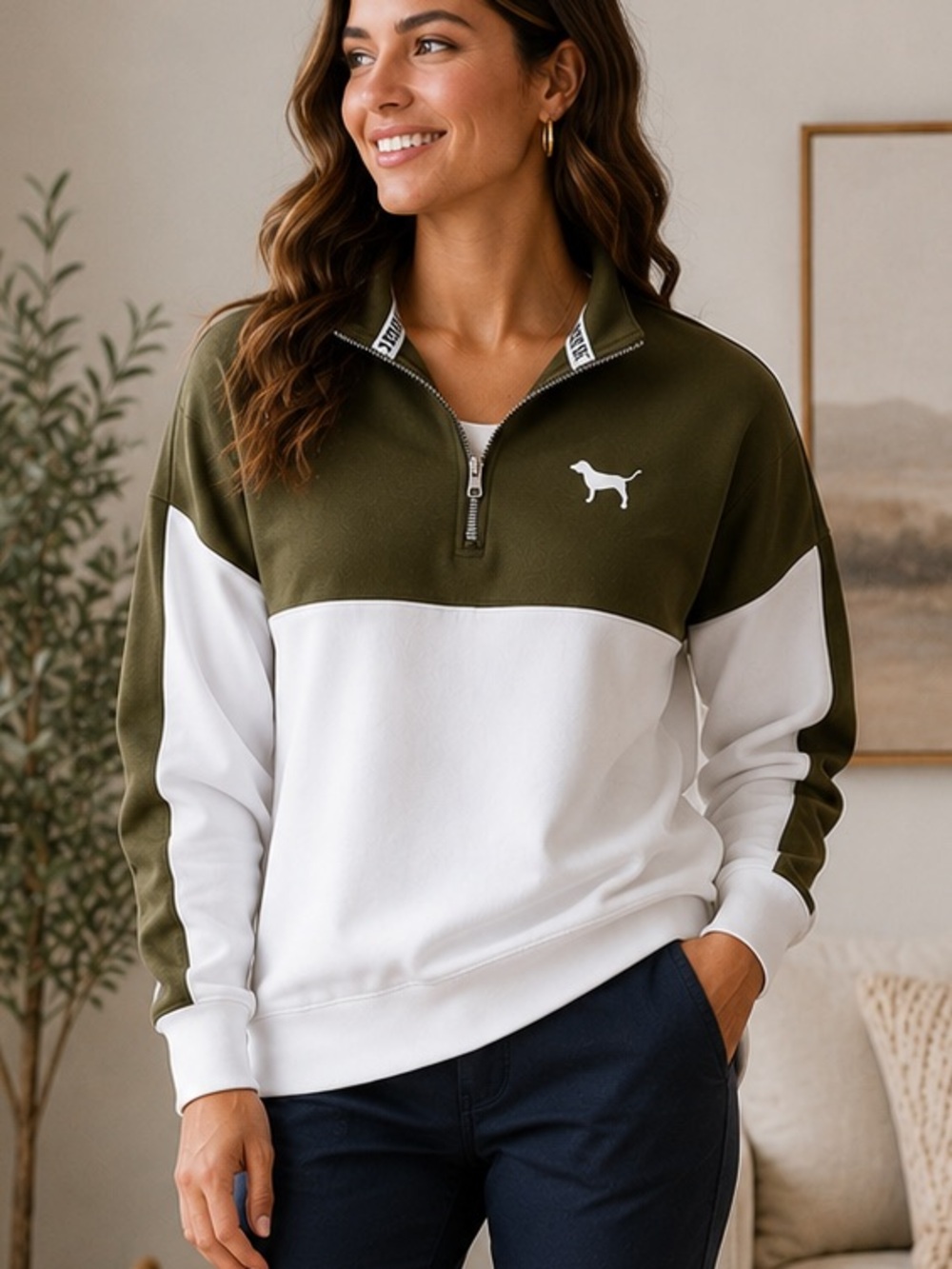 PINK Victoria’s Secret Quarter Zip Pullover Sweatshirt Black White Colorblock M